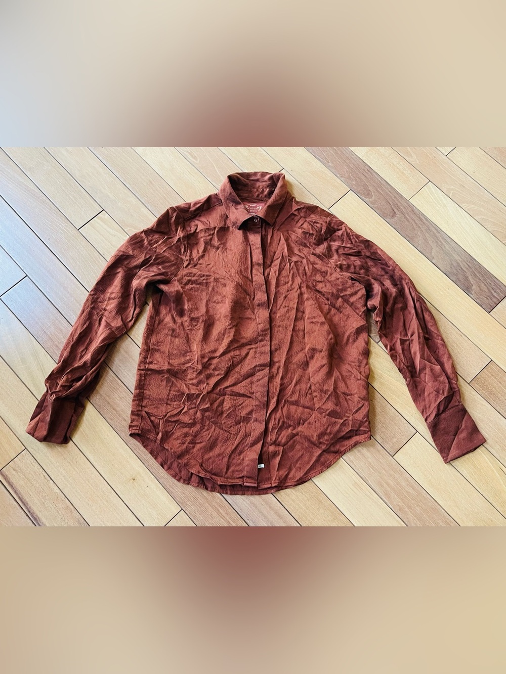 Maison Scotch 100% Silk Rust Brown Button Down Shirt Blouse Size S Old Money